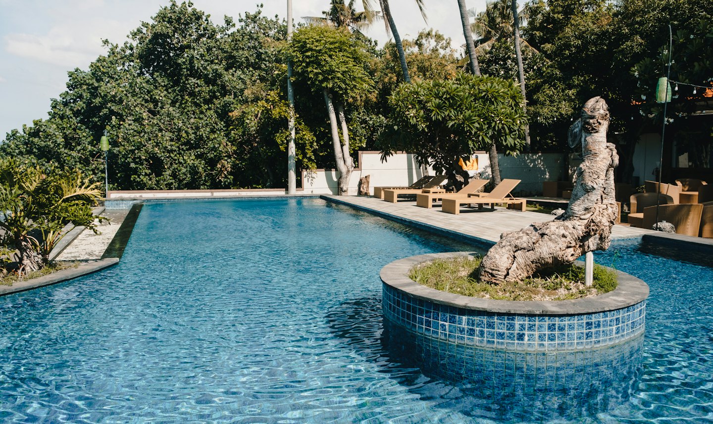 Resort swimming pool surrounded by greenery under a blue sky.